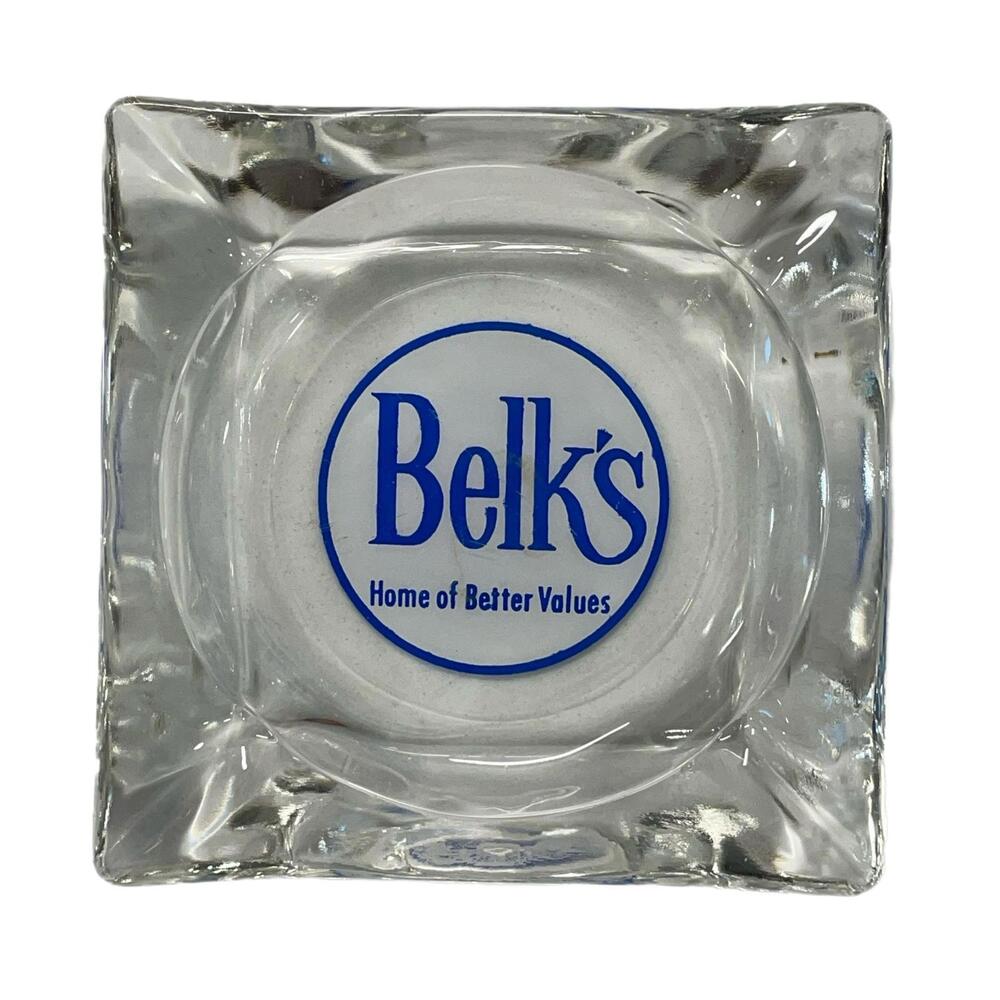 Vintage Belk’s Logo Glass Square Ashtray - Blue & White